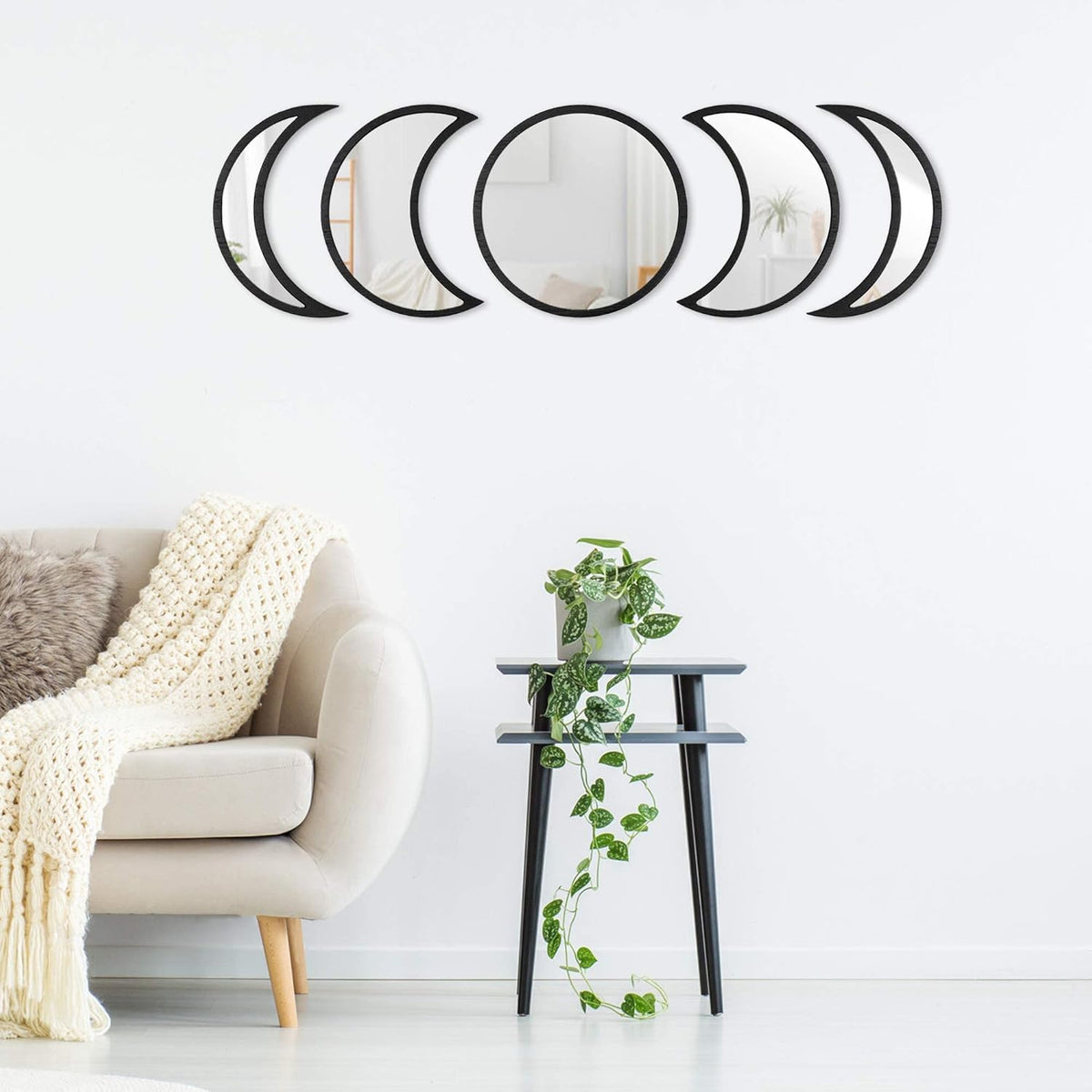 Scandinavian Moon Phase Mirror Set Glass Wood Frame R1485