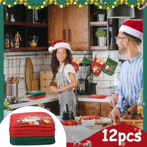 12 Pcs Christmas Pot Holders with Pocket Red and Green Heat Resistant Oven Mitts K8371