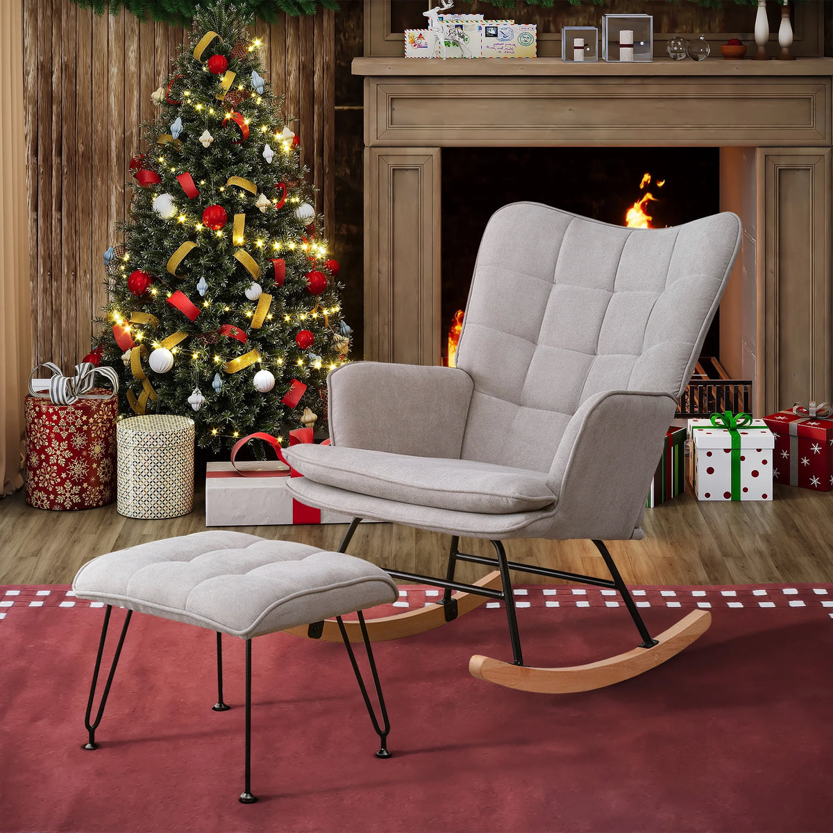 Gray Linen Fabric Rocking Chair with Ottoman E341