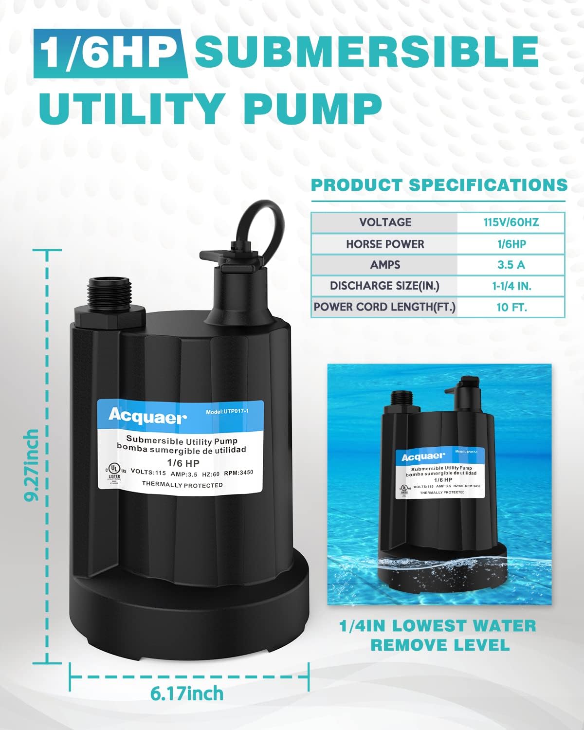 Submersible Water Pump 1/6 HP Thermoplastic Utility Pump 1750GPH with 10 ft Cord Pack of 2 D9899