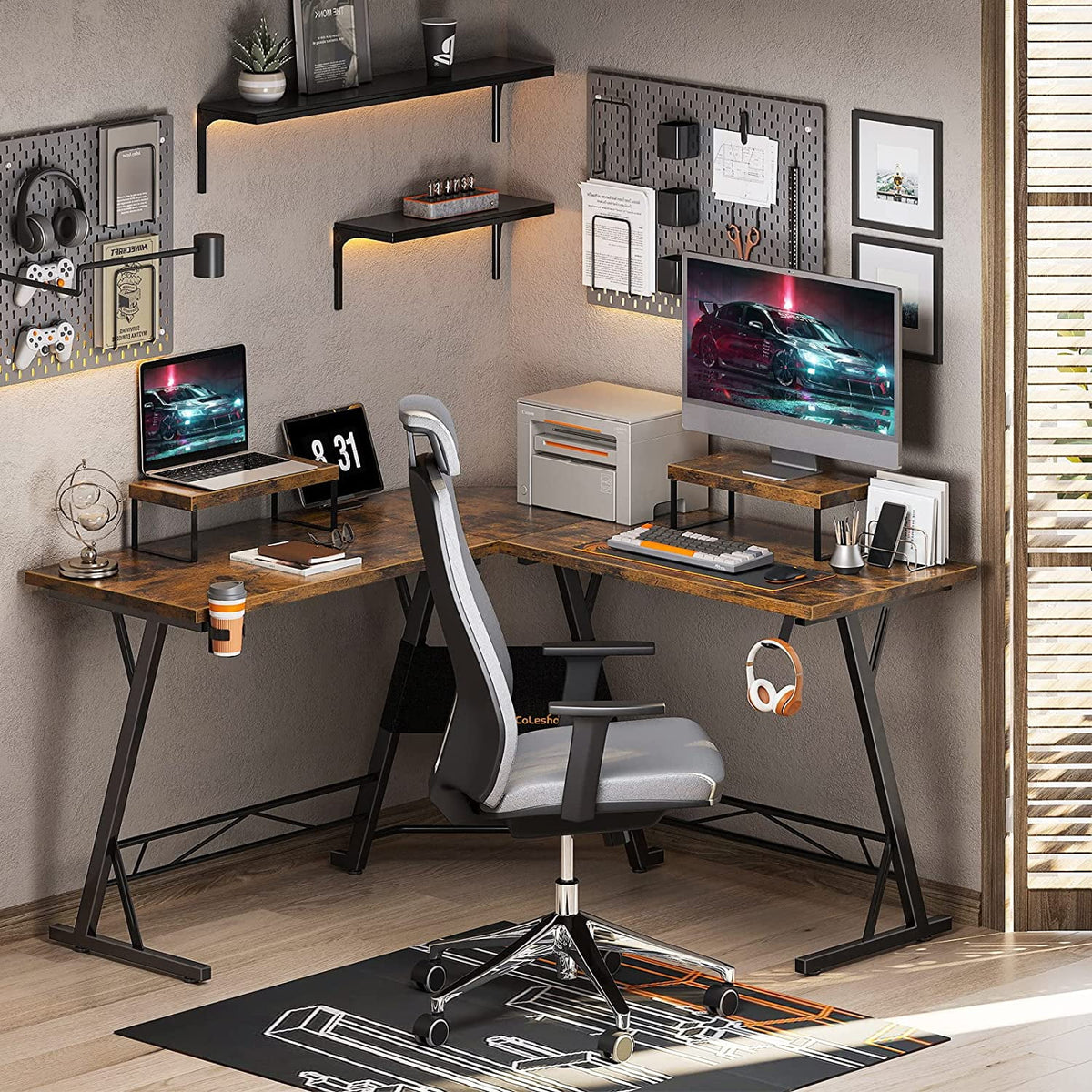 L Shaped Gaming Desk with 2 Monitor Stands J99547