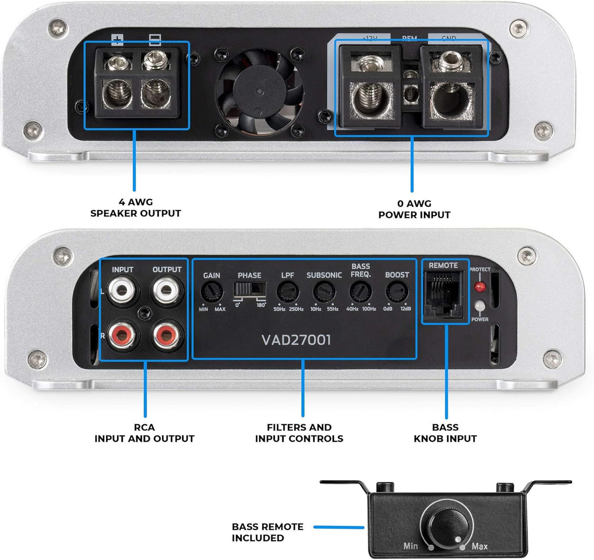 2700W RMS Class D Monoblock Amplifier with Bass Remote S4861