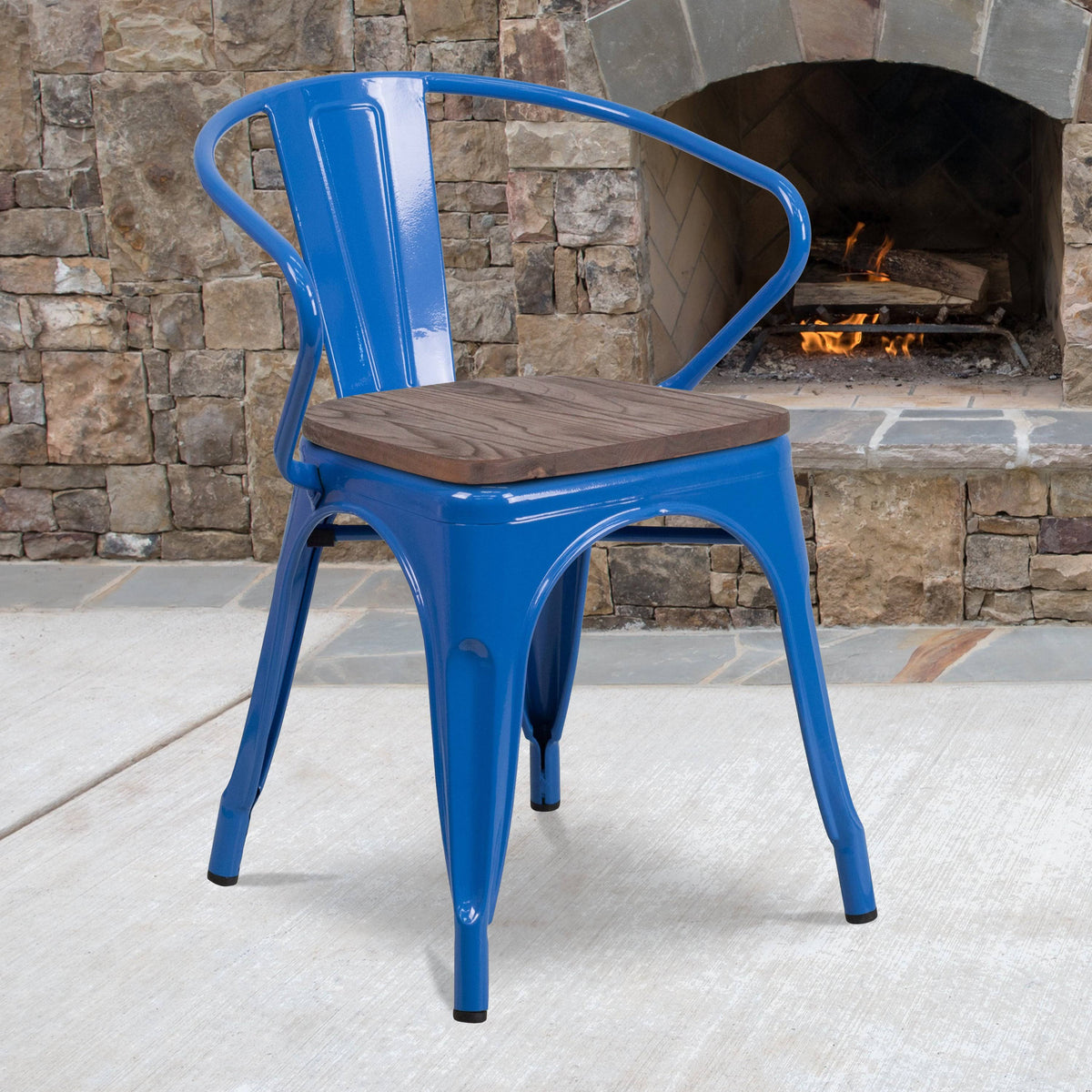 Blue Metal Chair with Wood Seat and Arms L985