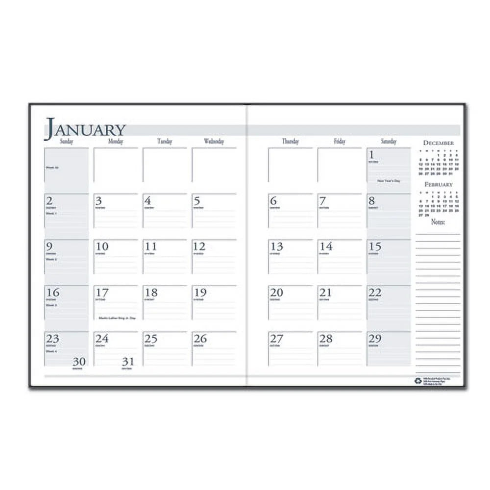 Recycled Ruled 14-Month Planner with Leatherette Cover, Black U949170