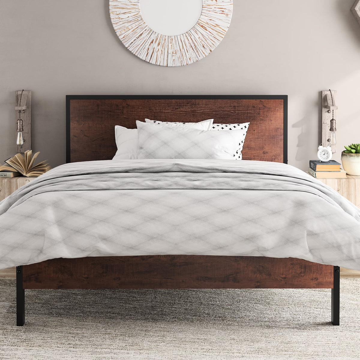 Heavy Duty Full Size Platform Bed Frame with Wood Headboard K238999