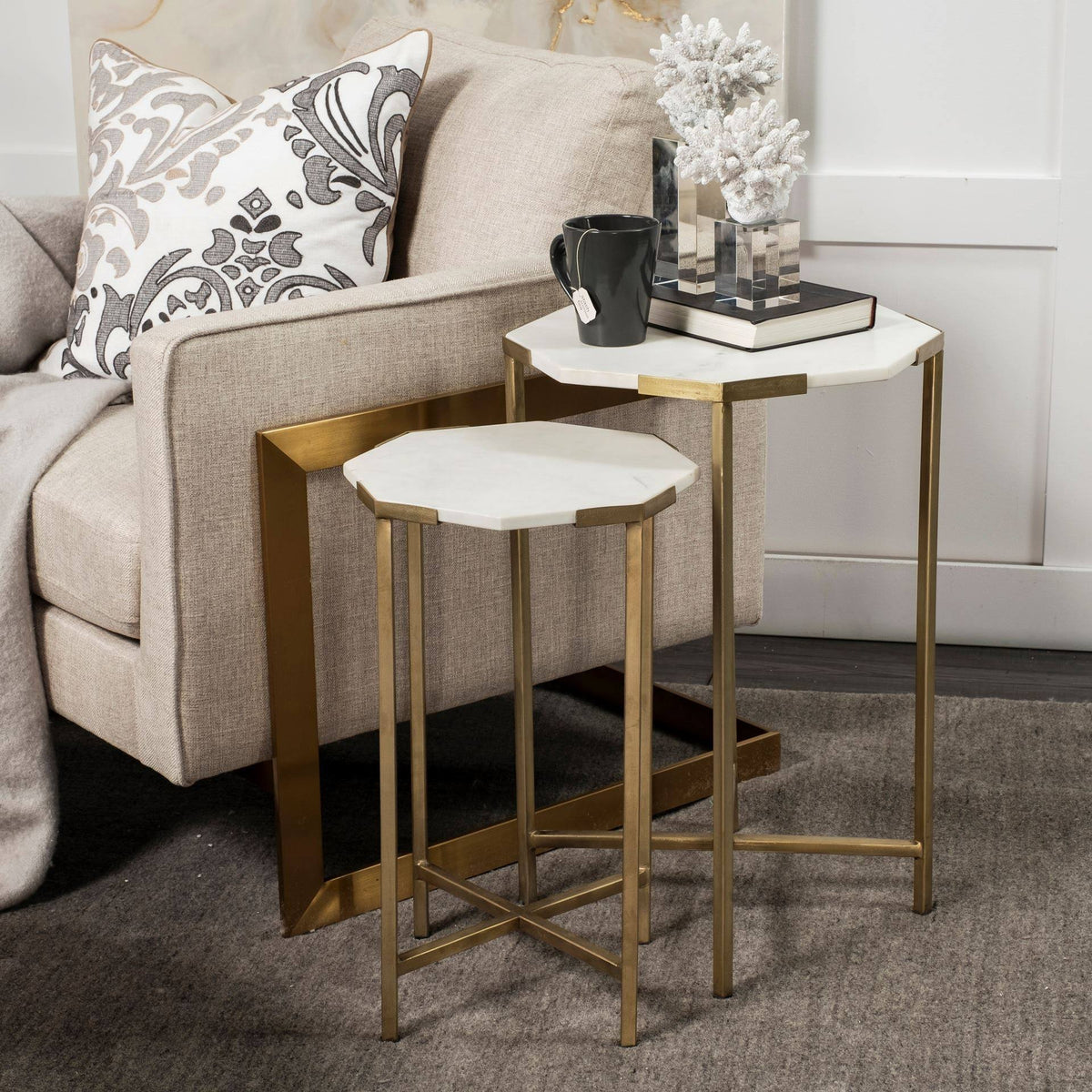 Set of Two White Marble and Iron Hexagonal End Tables D672092