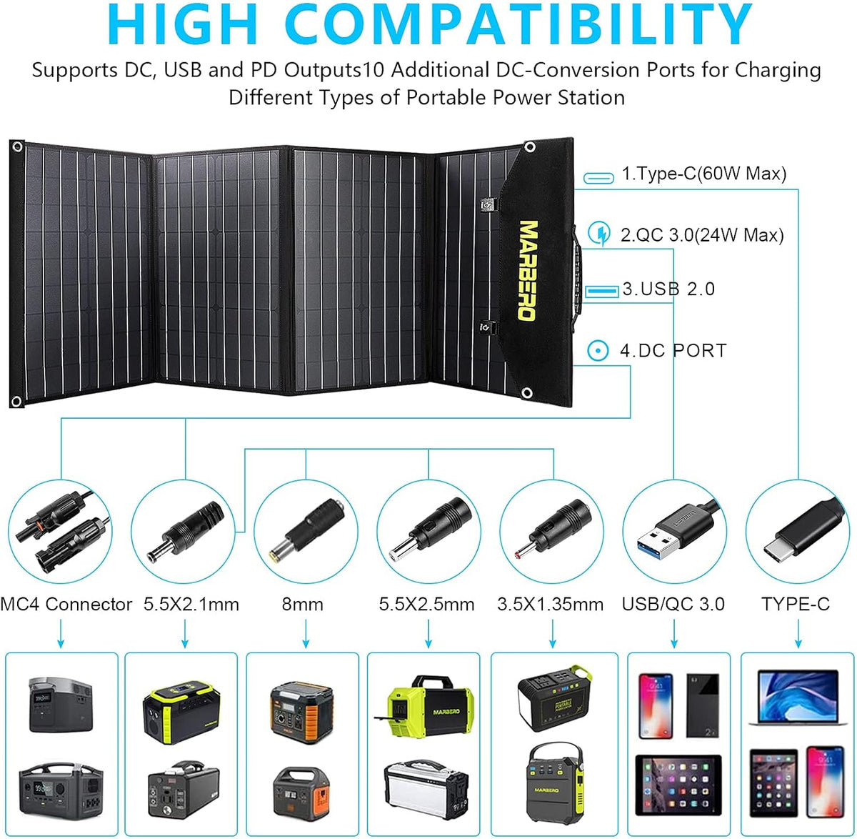 100W Foldable Solar Panel Kit with 18V DC Output, 3 USB Ports E550792