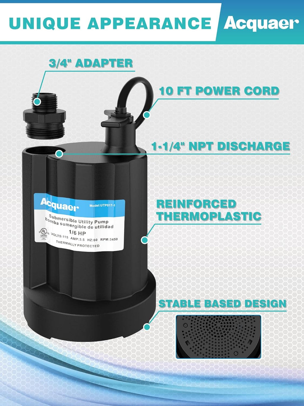 Submersible Water Pump 1/6 HP Thermoplastic Utility Pump 1750GPH with 10 ft Cord Pack of 2 D9899