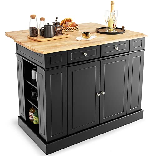 Black Rubber Wood Kitchen Island with Drop Leaf B180
