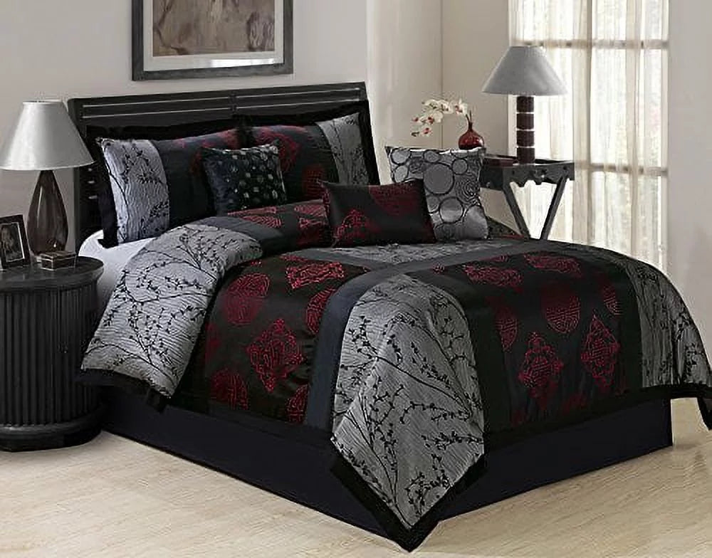 7 Piece Queen Gray/Red Jacquard Comforter Set P716