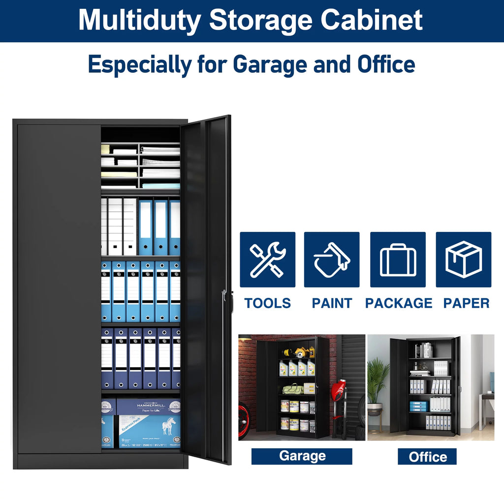 Metal Storage Cabinet with Lock, 4 Adjustable Shelves, 2 Door, Black G667