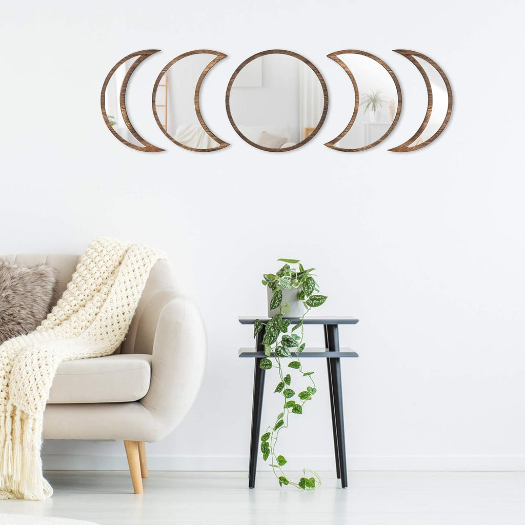 Scandinavian Moon Phase Mirror Set Glass Wood Frame R1485