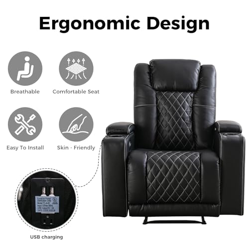 Black Leather Electric Recliner Chair with USB Ports Cup Holders K3813