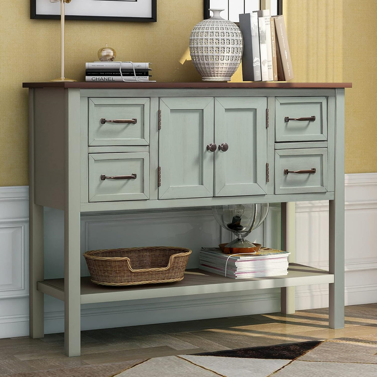 Green Console Table Buffet Sideboard with Storage Drawers Cabinets and Bottom Shelf C646