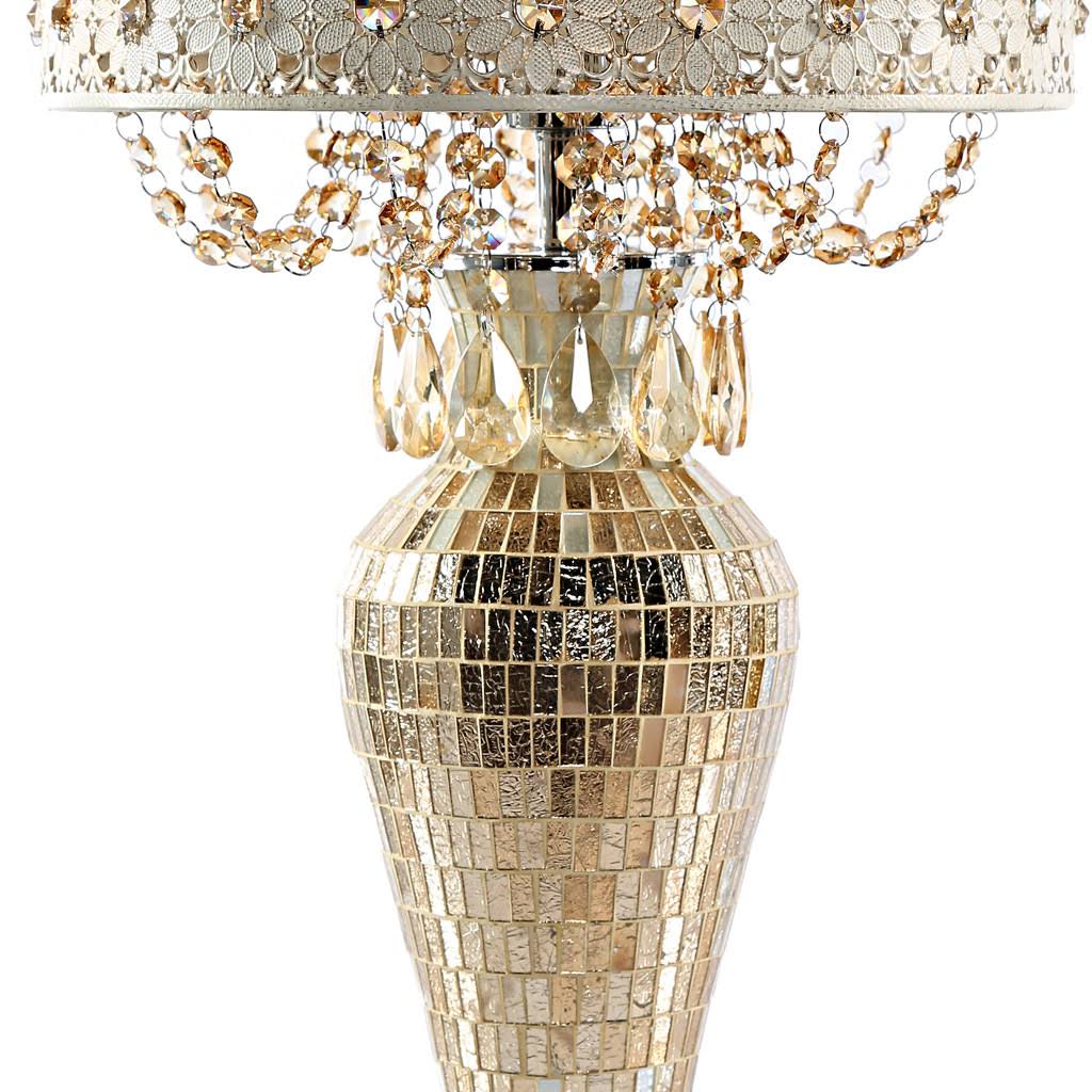 Gold Metal and Mosaic Base Table Lamp with Cascading Crystals W487659