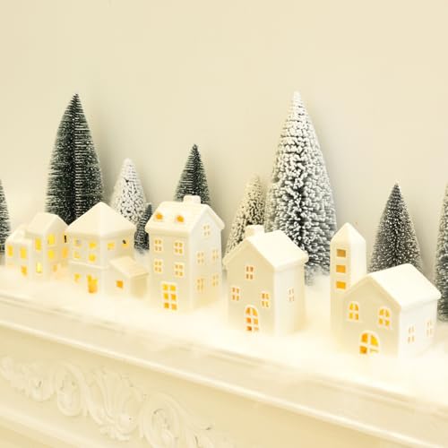 5 Pcs White Houses & 9 Pcs Trees & Fake Snow Ceramic Christmas Village Decorations H50005