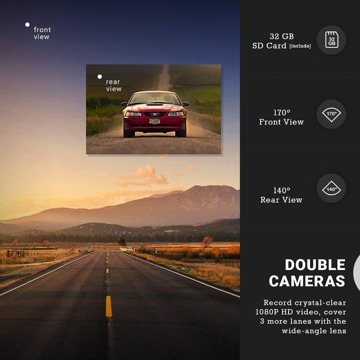 FHD 1080P Dual Dash Camera with 32GB SD Card, 3” LCD Screen, 170° Wide Angle Night Vision, Pack of 2 Y156604