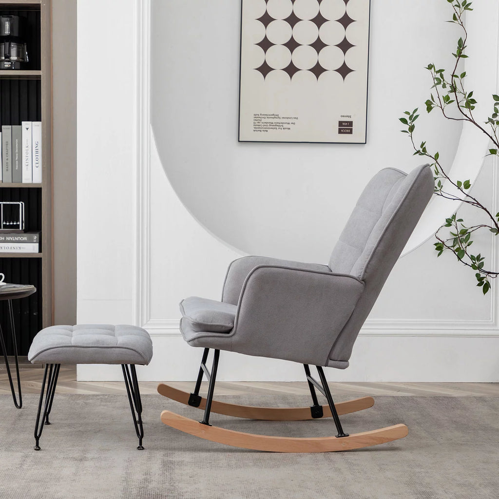 Gray Linen Fabric Rocking Chair with Ottoman E341