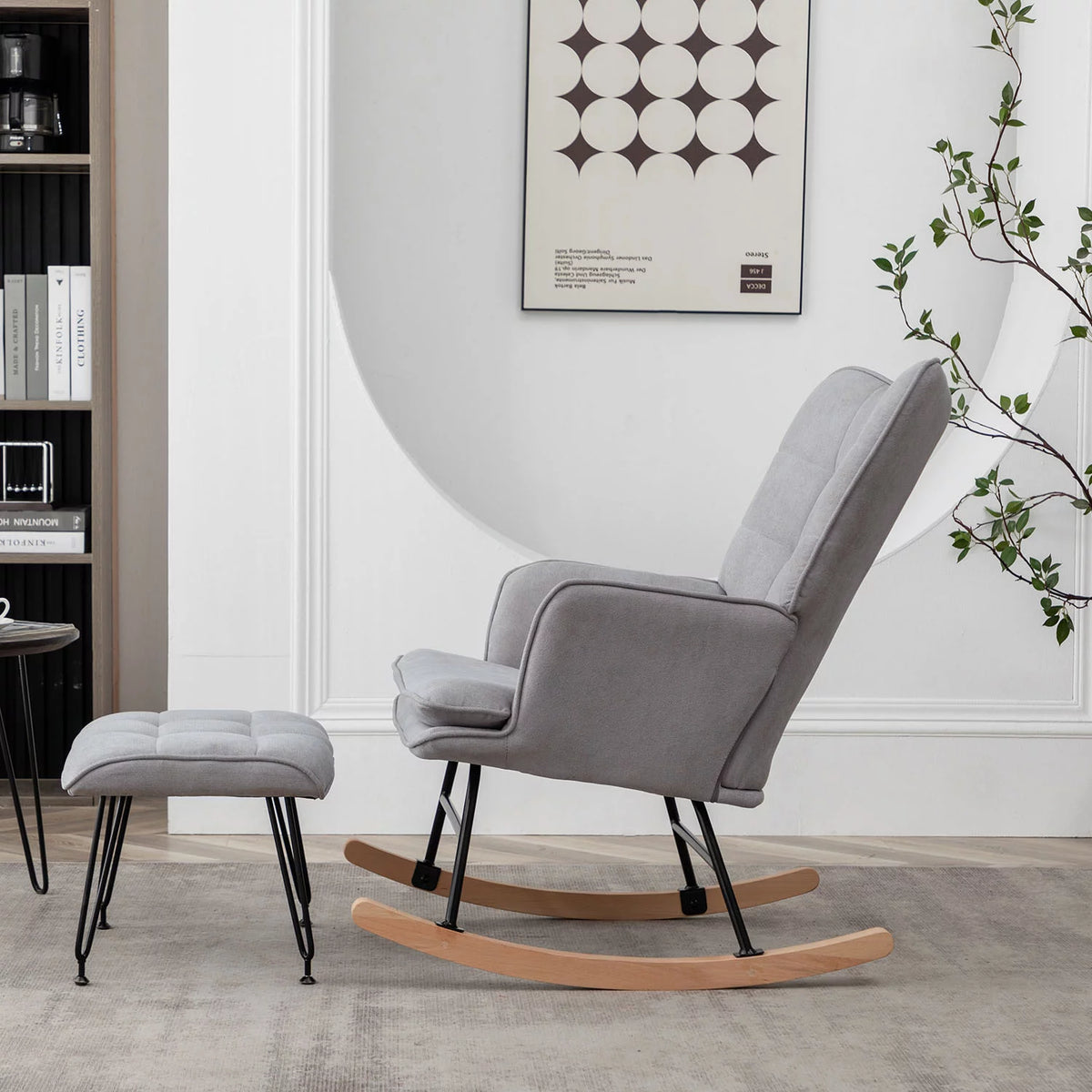 Gray Linen Fabric Rocking Chair with Ottoman E341