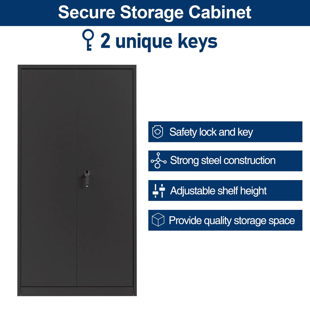 Metal Storage Cabinet with Lock, 4 Adjustable Shelves, 2 Door, Black G667