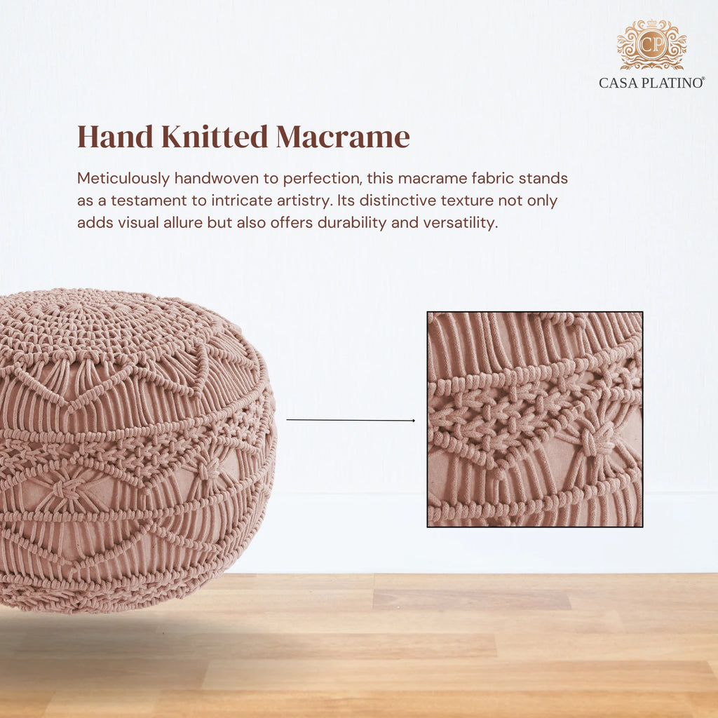 Dusty Pink Hand Knitted Macrame Pouf Ottoman O859157