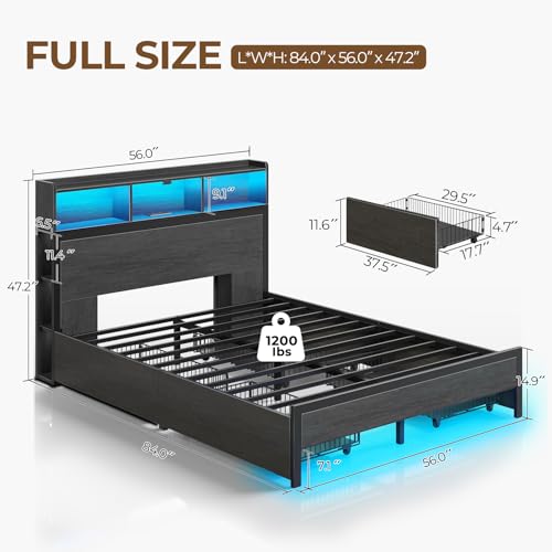 Queen Bed Frame with Storage, 4 Drawer, USB Charging Station, LED Lights, Bookcase Headboard, Black M1663