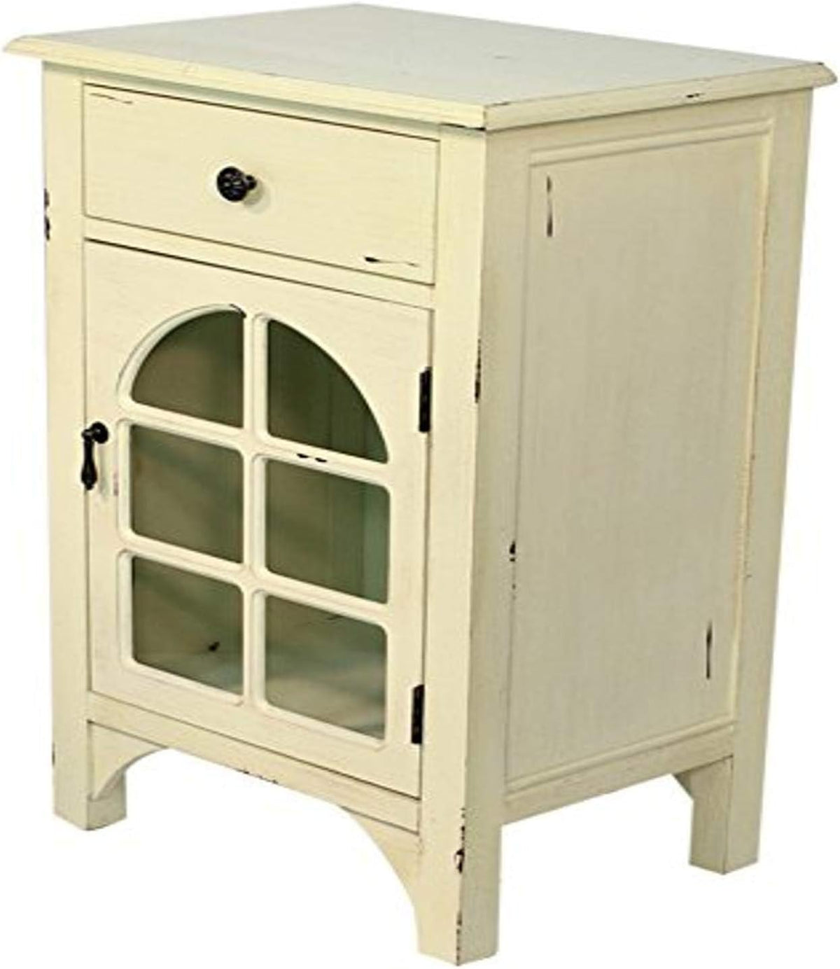 Light Gray Single Drawer Distressed Cabinet with Cathedral Glass Window Inserts I25492