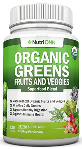 Organic Super Greens Capsules - Fruit And Vegetable Supplements - 120 Count - USDA Organic & Vegan - Superfood Blend - Whole Food Vitamins H7961