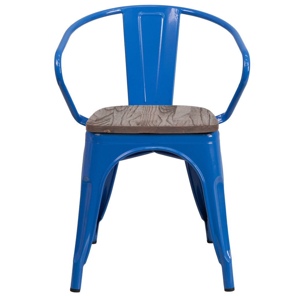 Blue Metal Chair with Wood Seat and Arms L985