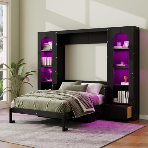 White Queen Size Wood Murphy Bed with Desk and Storage F695