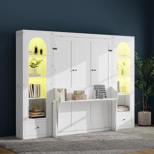 White Queen Size Wood Murphy Bed with Desk and Storage F695