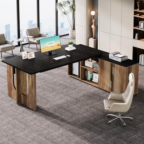 74.8" L Shaped Computer Desk with Shelves and CPU Storage, Black and Brown I1544
