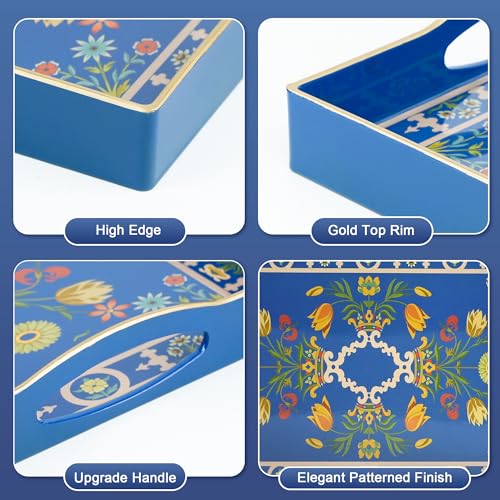 Blue Plastic Serving Tray with Handles, 15.7” x 10.2” x 1.37” U23412