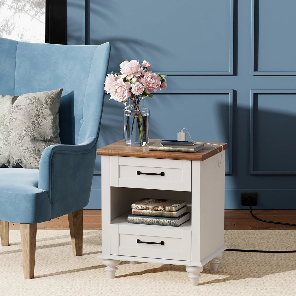 White and Brown Nightstand with Charging Station and Drawer Z8194