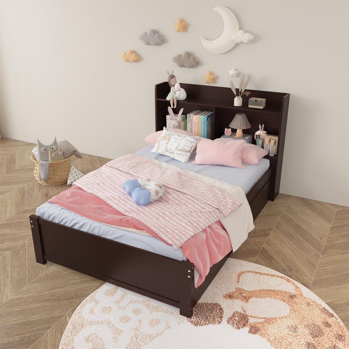 Twin Bed Frame with Trundle and Storage Bookcase, Solid Wood, Espresso Q31391