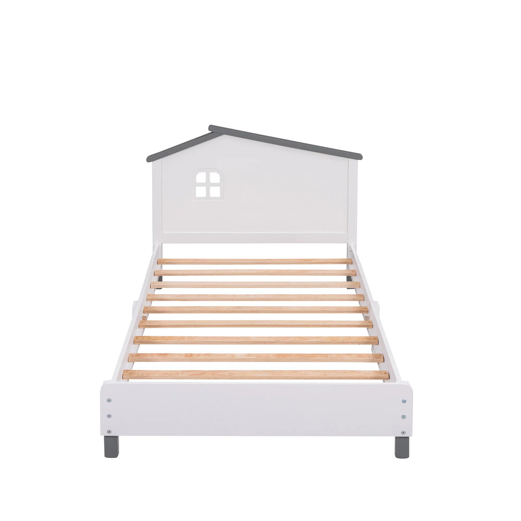 Twin Size Wood Platform Bed with House-Shaped Headboard I8564