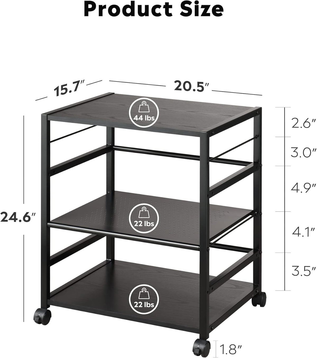Black Mobile 3-Shelf Printer Stand with Adjustable Shelves Z1984