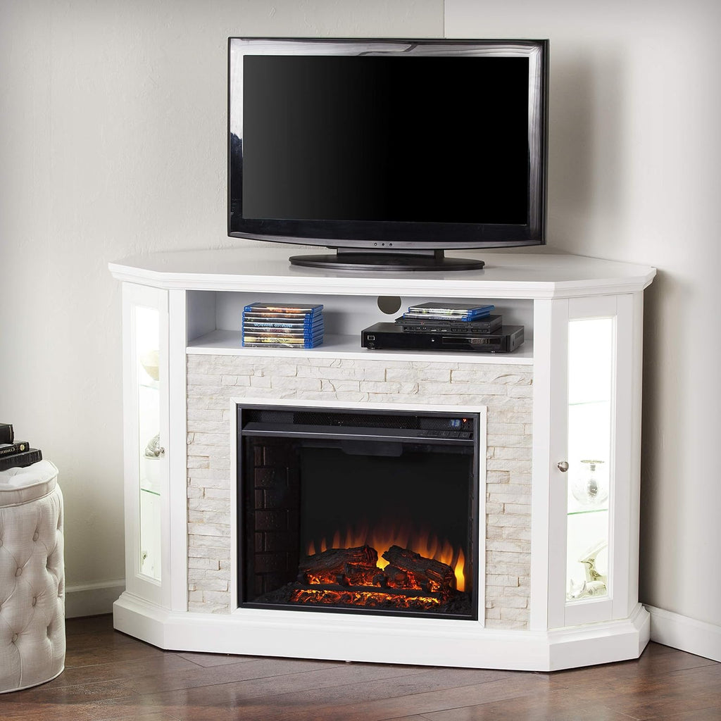 Fresh White Faux Stone Electric Media Storage Corner Fireplace P555