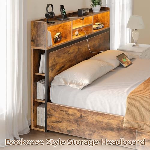Queen Bed Frame with Storage, 4 Drawer, USB Charging Station, LED Lights, Bookcase Headboard, Black M1663
