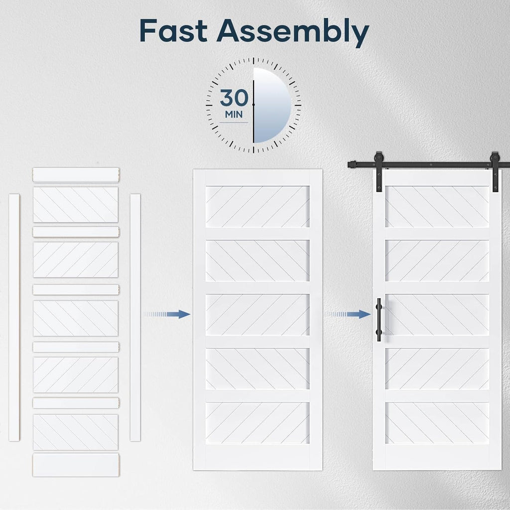 White Barn Door with Sliding Door Hardware Kit, Solid MDF Wood Slab with PVC Surface, 5-Panel M876861