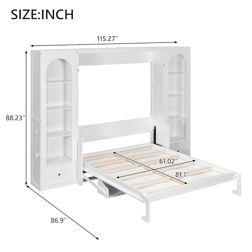 White Queen Size Wood Murphy Bed with Desk and Storage F695