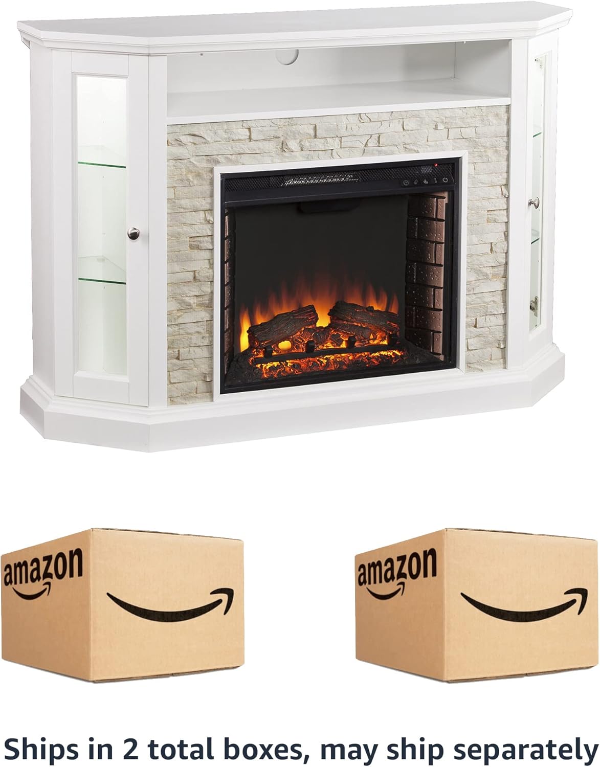 Fresh White Faux Stone Electric Media Storage Corner Fireplace P555