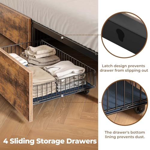 Queen Bed Frame with Storage, 4 Drawer, USB Charging Station, LED Lights, Bookcase Headboard, Black M1663