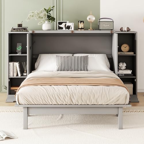White Solid Wood Murphy Bed with Bookcase and Drawers K5829