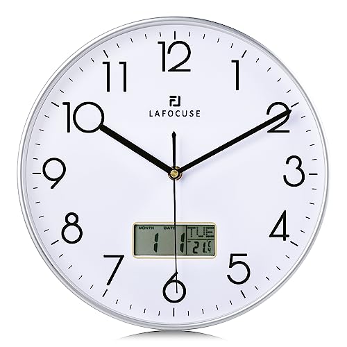 Black Wall Clock with Date Month Day of Week and Temperature Silent Non-Ticking Battery Operated Clock M279