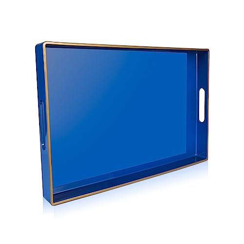 Blue Plastic Serving Tray with Handles, 15.7” x 10.2” x 1.37” U23412