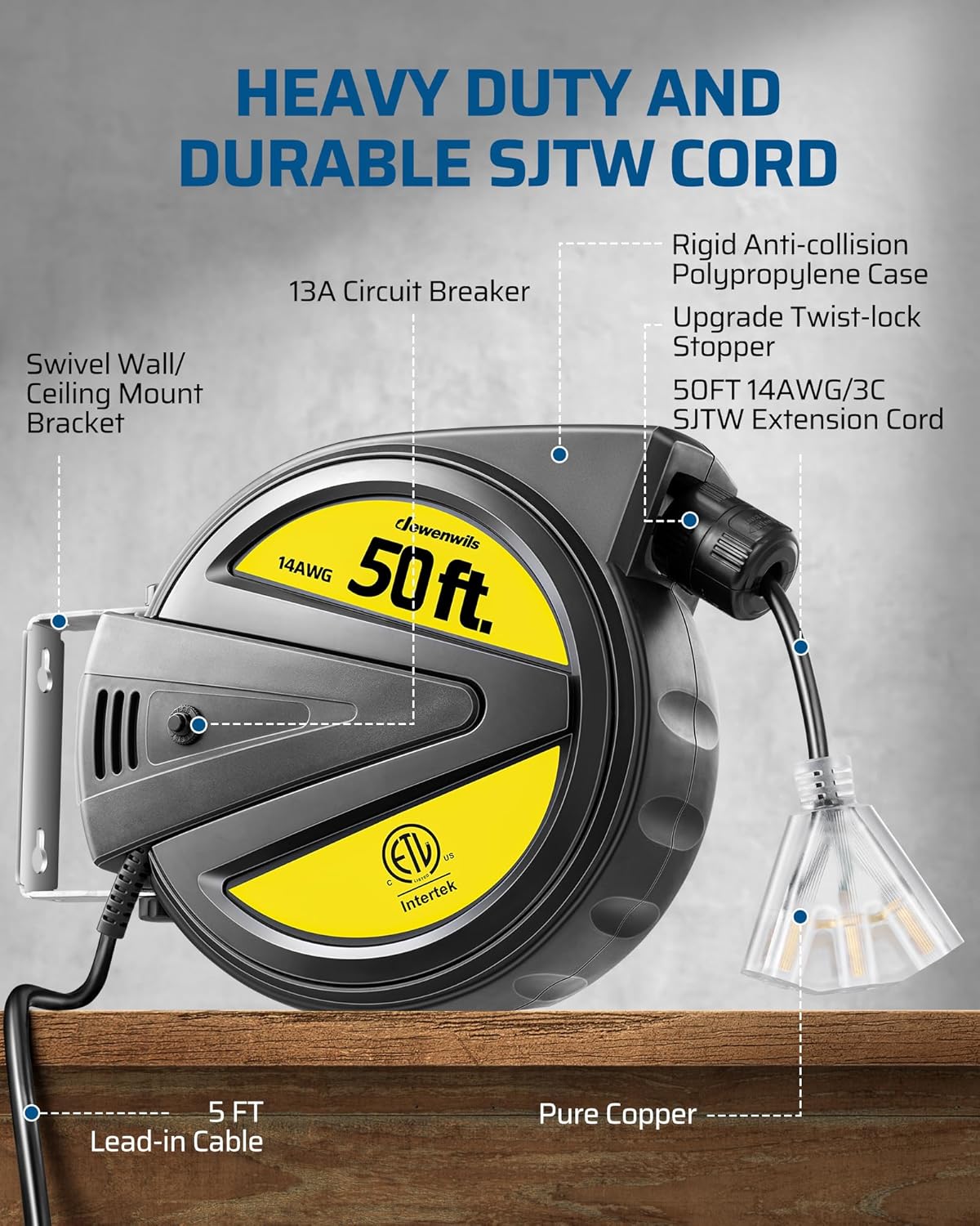 50FT Heavy Duty Retractable Extension Cord Reel O3213