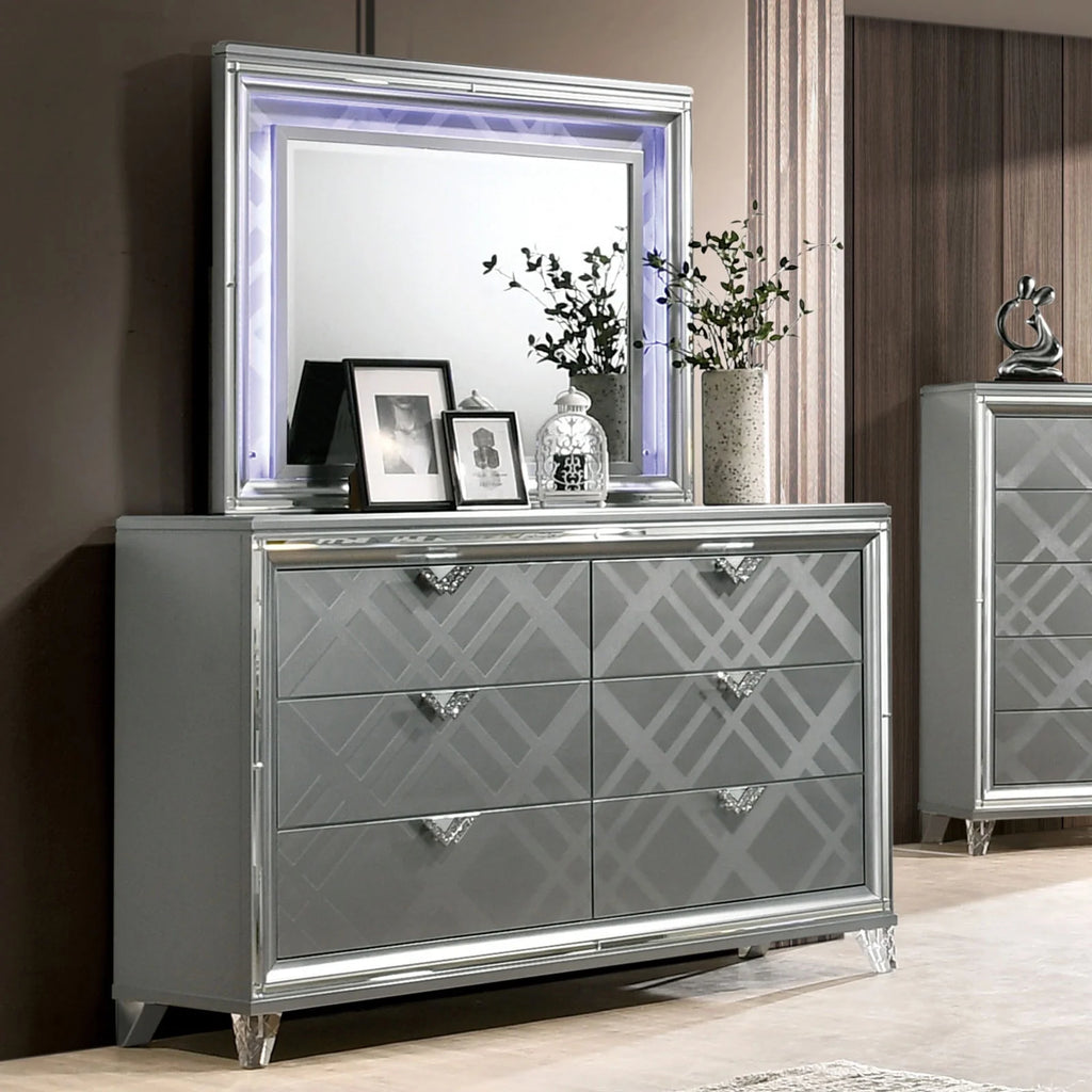 Silver Eastern King Size Bed with LED Dresser Mirror USB 2x Nightstands 5pc Set B35381
