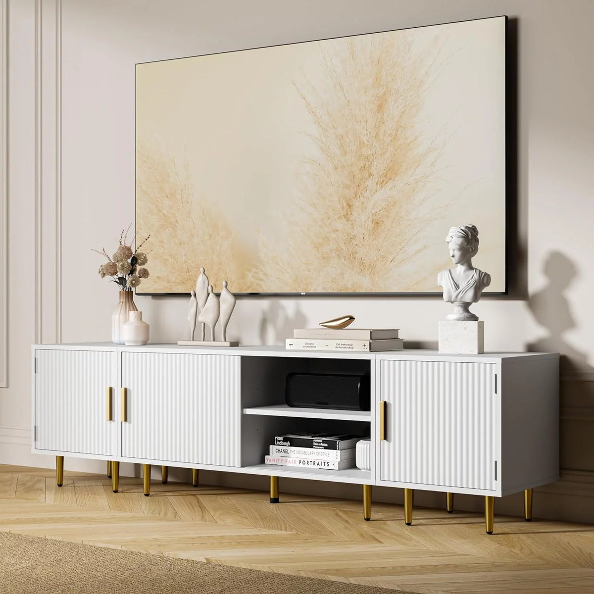 White TV Stand with Storage Cabinet Q218