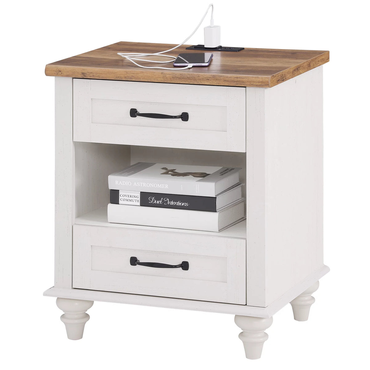 White and Brown Nightstand with Charging Station and Drawer Z8194